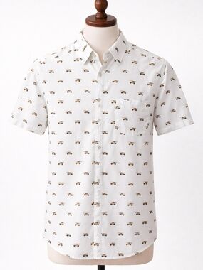 Eddie Bauer White Short-Sleeve Button-Down Shirt with Mini Car Print Size Large